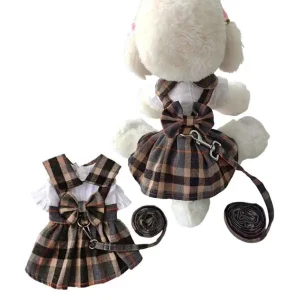 Cute Dog Plaid Dress With Adjustable Leash,